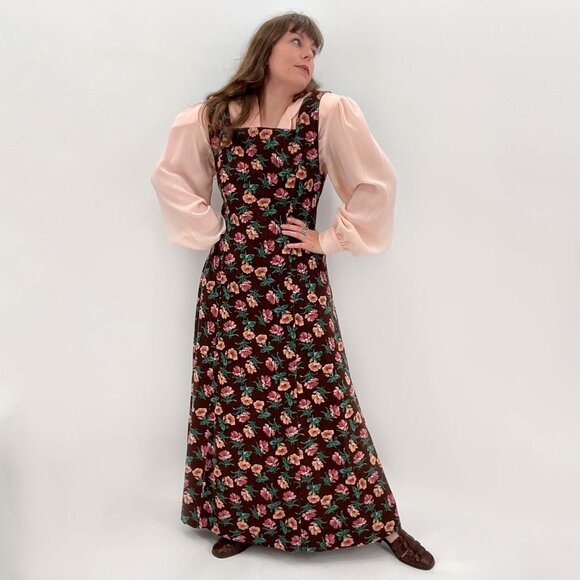 Vintage Cottagecore Brown Floral Corduroy Sleeveless Midi Dress | Large - Picture 4 of 11